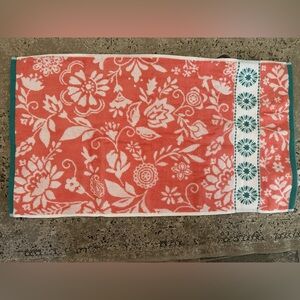 Coral Floral Jacquard HandTowel with Teal Trim